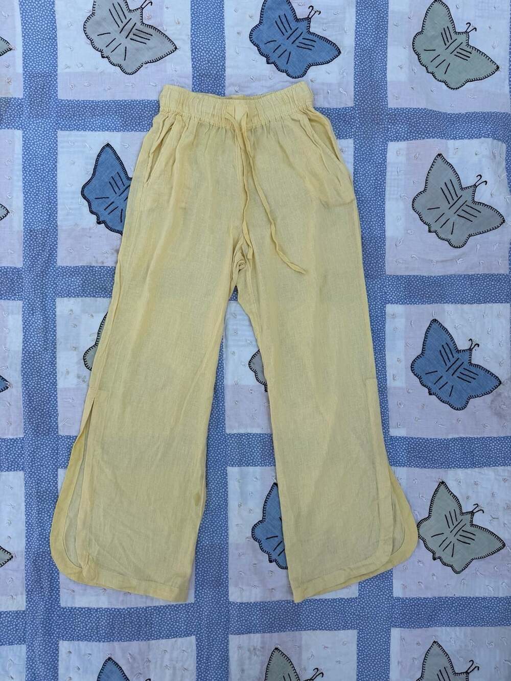 C&C California Yellow Drawstring Elastic Waist Split-Hem Wide-Leg Pants Size S